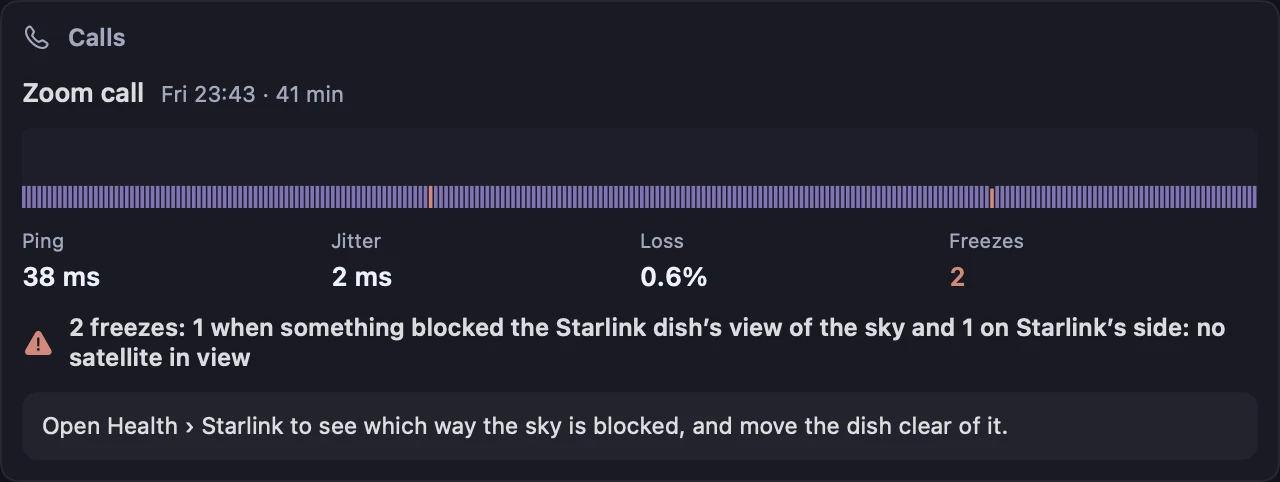 A Kilobat call report: Zoom call, 41 minutes, 2 freezes, one when something blocked the Starlink dish’s view of the sky and one on Starlink’s side with no satellite in view.
