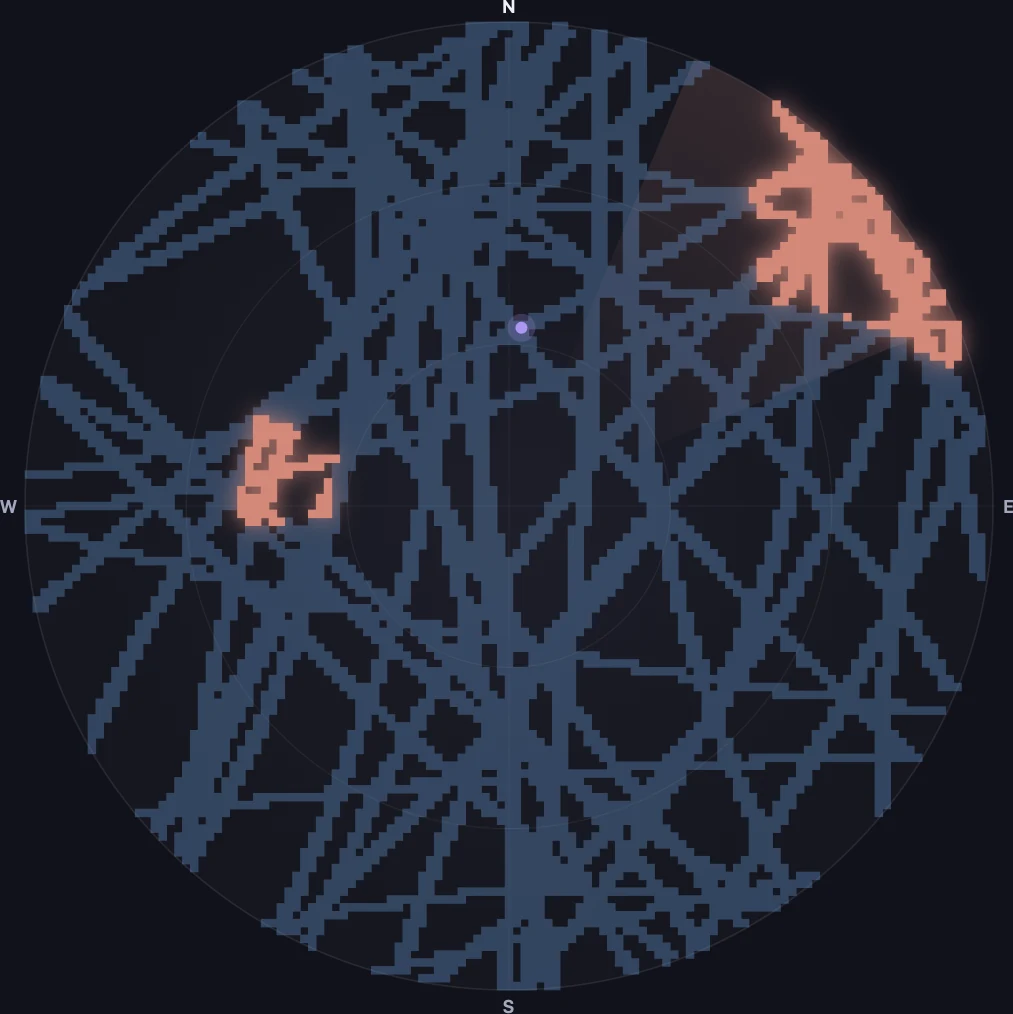 Kilobat’s Starlink sky map: satellite tracks in blue across the sky, a blocked patch in rose to the north-east near the horizon and a small one high in the west.