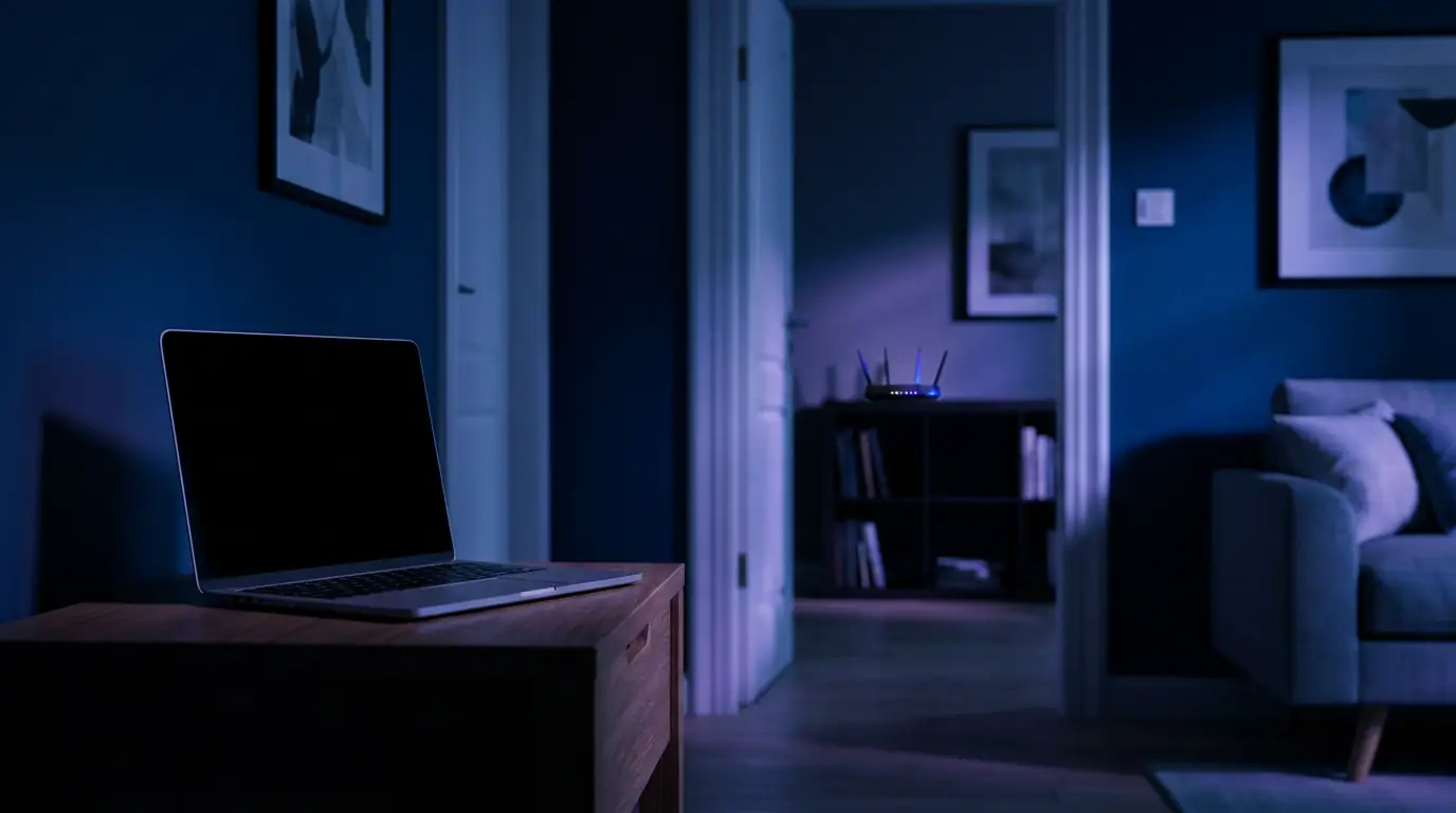 A laptop on a side table at the end of a hallway, a Wi-Fi router on a bookshelf in the next room
