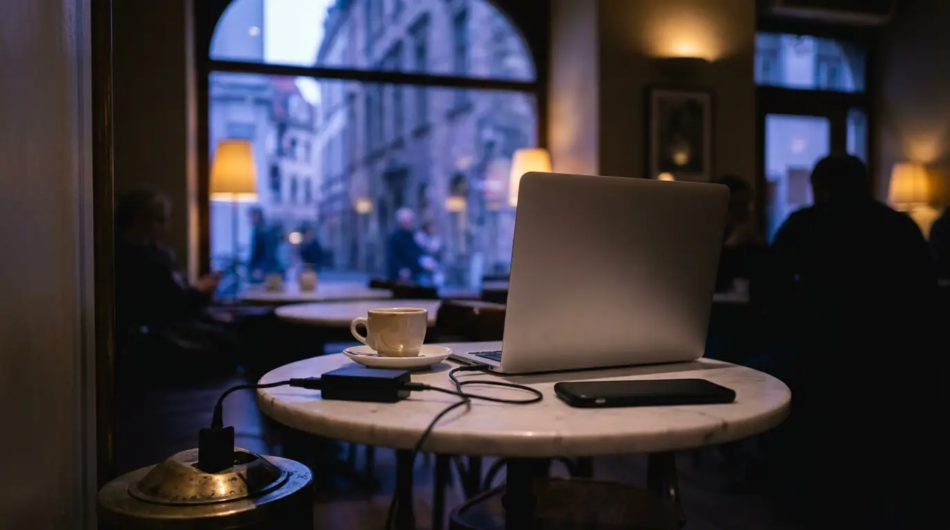 A laptop and an espresso on a marble café table by a window at dusk