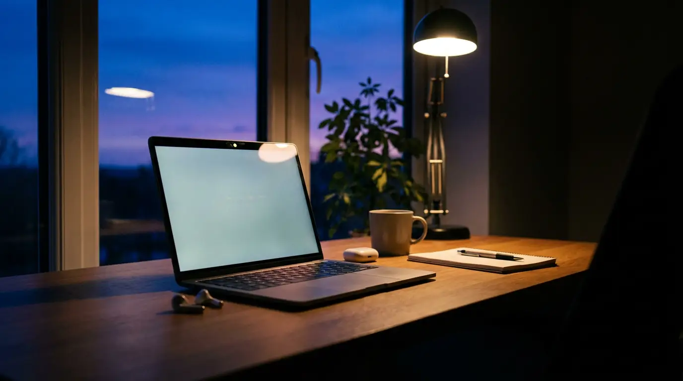 A desk at dusk with a laptop, earbuds, a mug and a notebook, minutes before a meeting