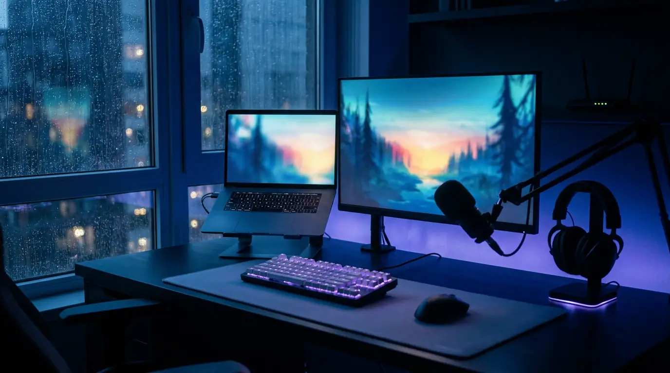 A gaming desk at night with a laptop, a monitor, a backlit keyboard and a microphone