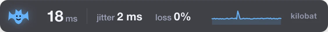 Kilobat’s streaming overlay: 18 ms ping, jitter 2 ms, loss 0%, a calm line and a smiling bat