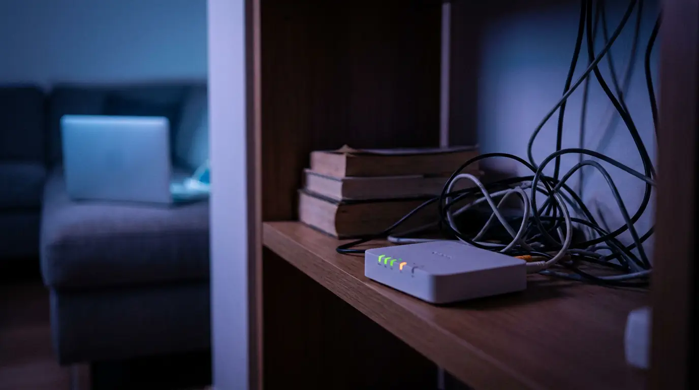 A home Wi-Fi router on a hallway shelf at night, its lights glowing, a laptop on a sofa in the background