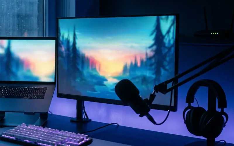A gaming monitor with an abstract game landscape, a microphone and headphones beside it
