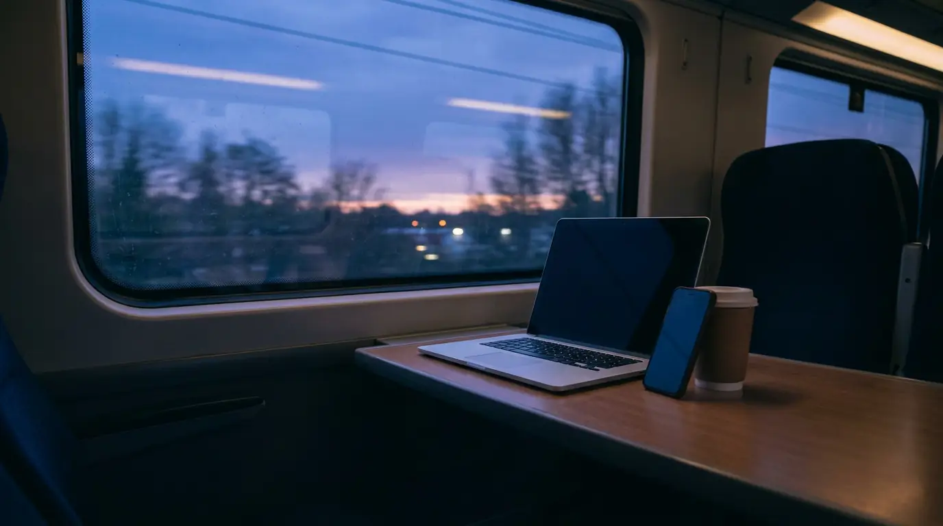 A laptop and a phone on a train table at dusk, the landscape blurred outside